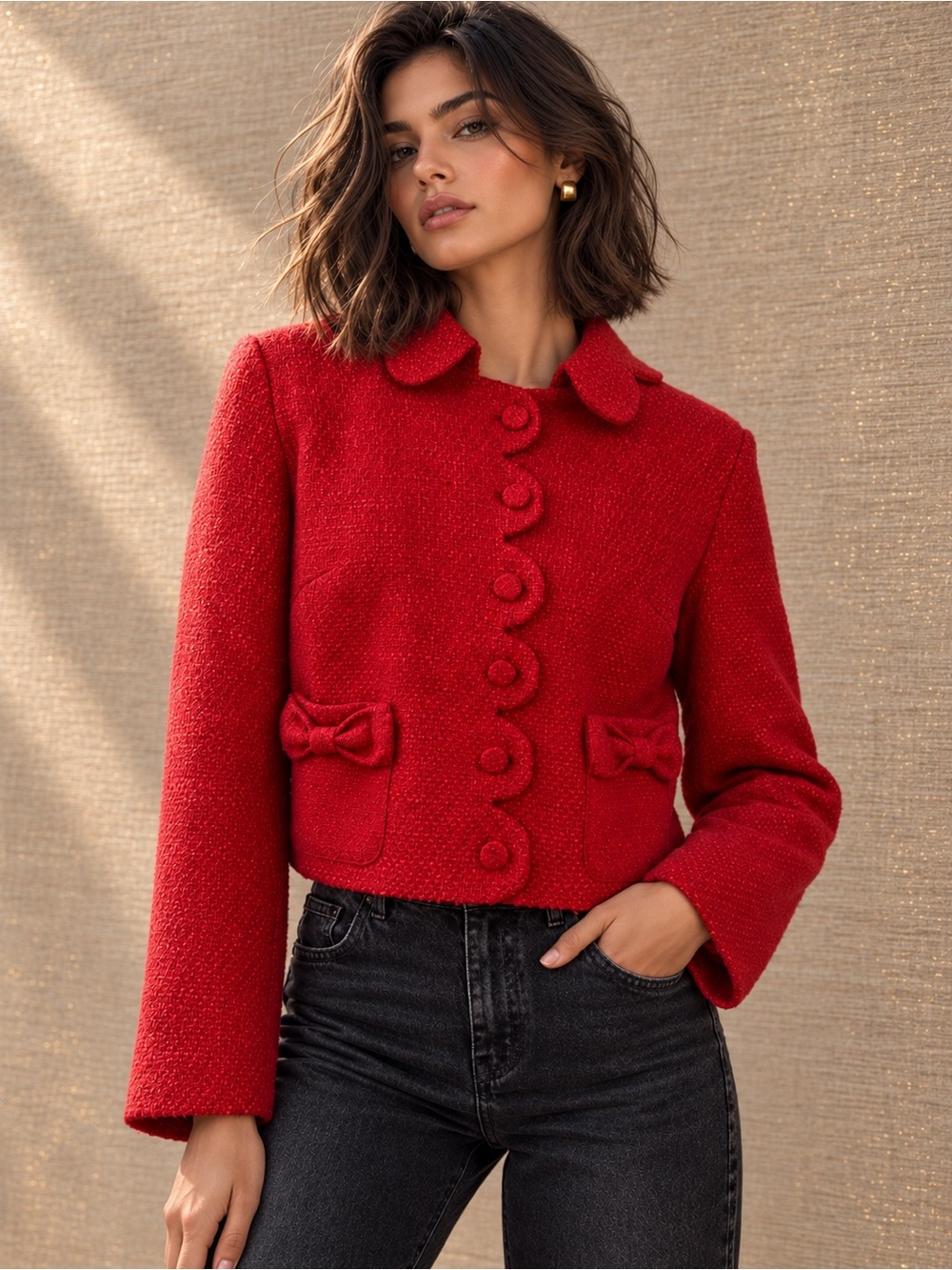 Anthropologie NWT Tweed Dolan Red Scalloped Bow Jacket S